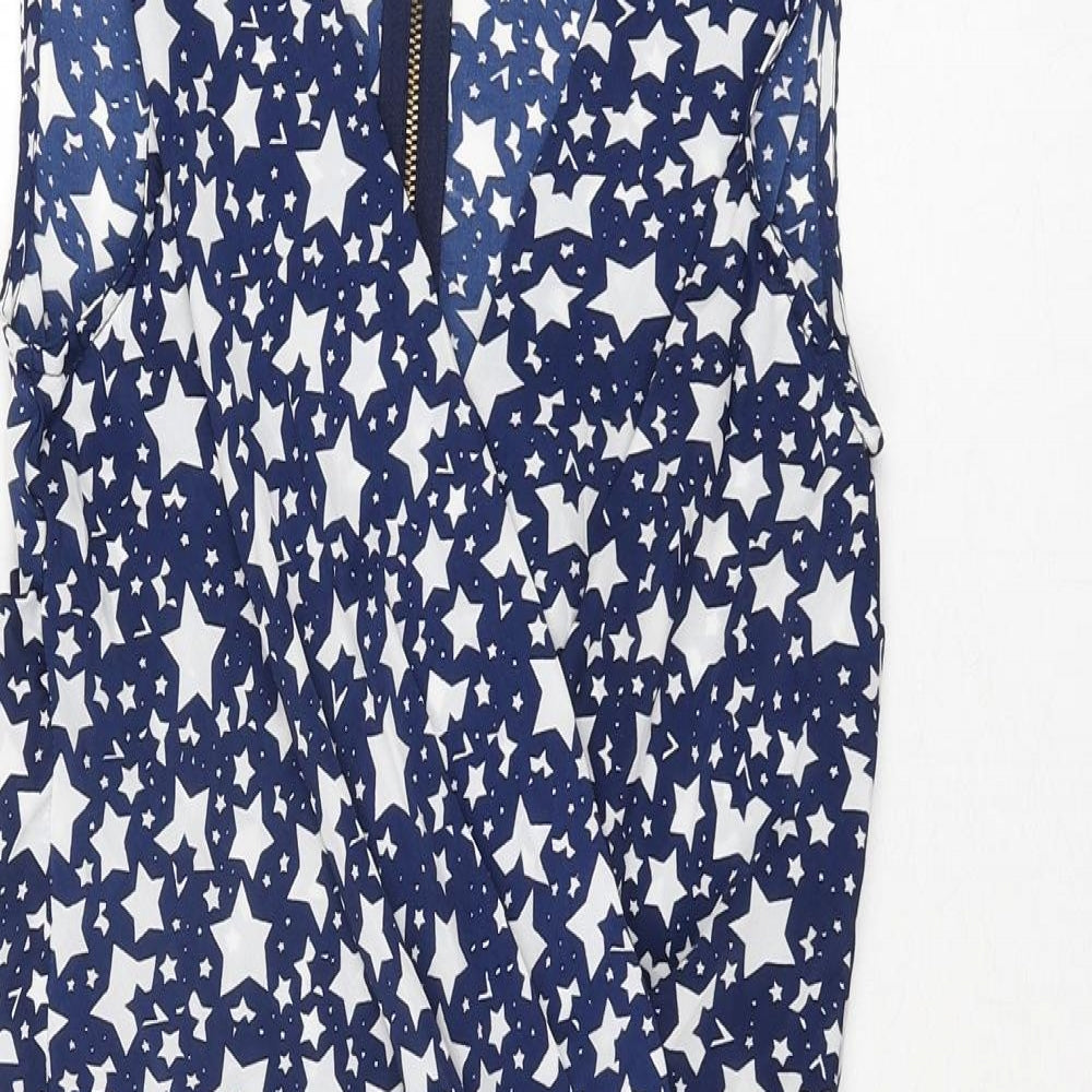 Closet Womens Blue Geometric Polyester Shift Size 8 V-Neck Zip - Star Print Belted