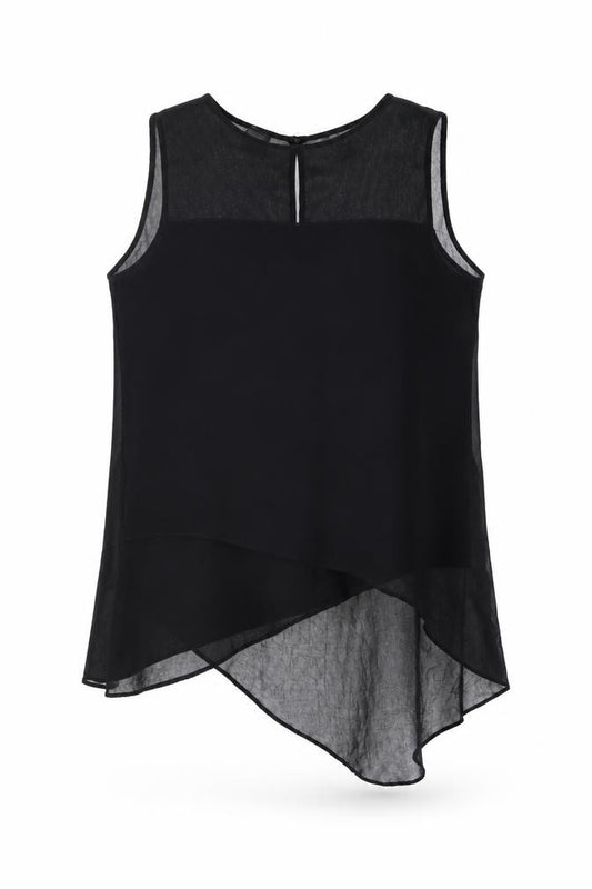 Front view of H&M women’s black polyester tunic blouse, size UK 10, round neck