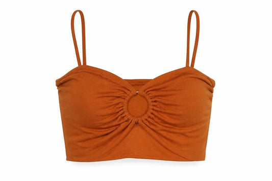 Front view of ASOS women’s brown polyester cropped blouse, size UK 12, sweetheart - cut out rouched
