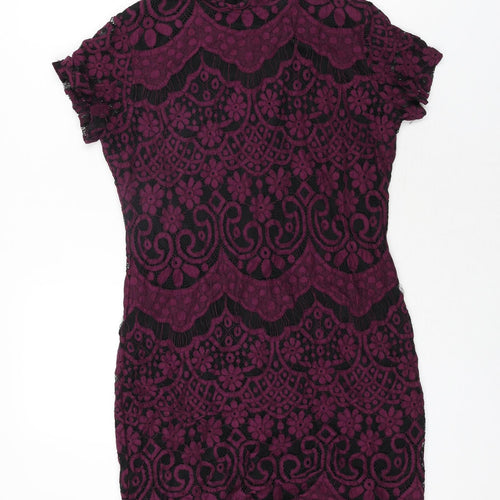 Boohoo Womens Purple Geometric Cotton Bodycon Size 14 Mock Neck Zip