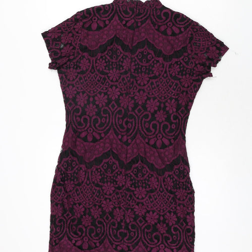 Boohoo Womens Purple Geometric Cotton Bodycon Size 14 Mock Neck Zip