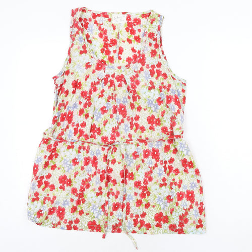Amichi Basic Womens Multicoloured Floral Cotton Basic Blouse Size M Scoop Neck - Belted