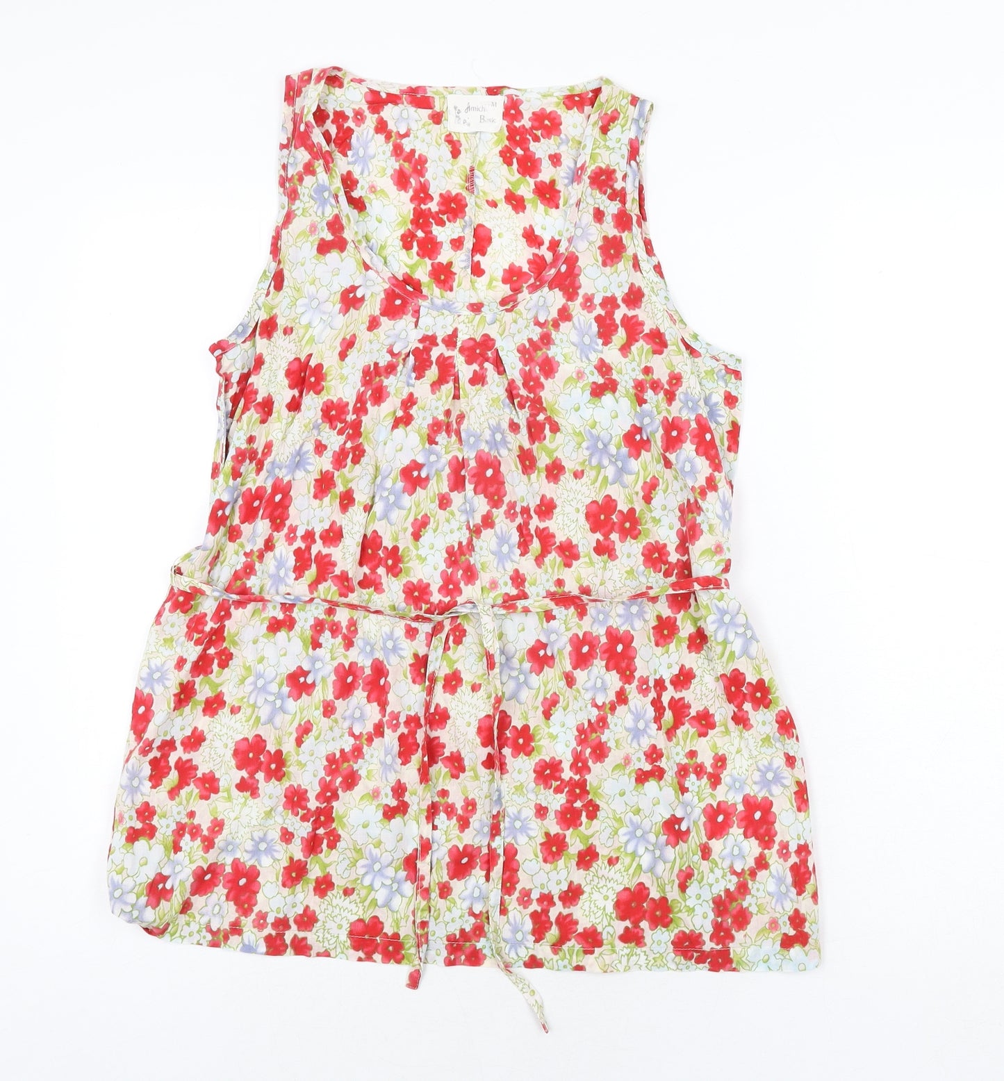Amichi Basic Womens Multicoloured Floral Cotton Basic Blouse Size M Scoop Neck - Belted