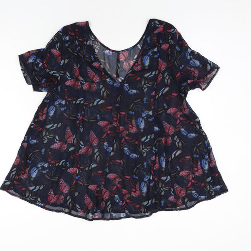 NEXT Womens Blue Geometric Polyester Basic Blouse Size 14 Round Neck - Semi Sheer Butterfly Print