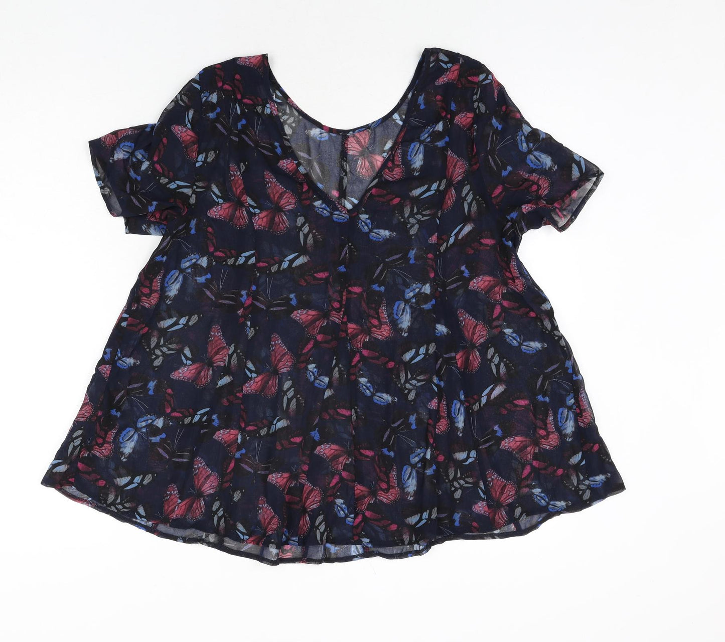 NEXT Womens Blue Geometric Polyester Basic Blouse Size 14 Round Neck - Semi Sheer Butterfly Print