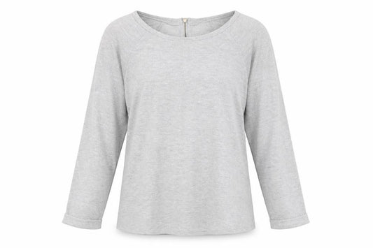 Front view of Warehouse women’s silver round neck polyester jumper, size UK 12