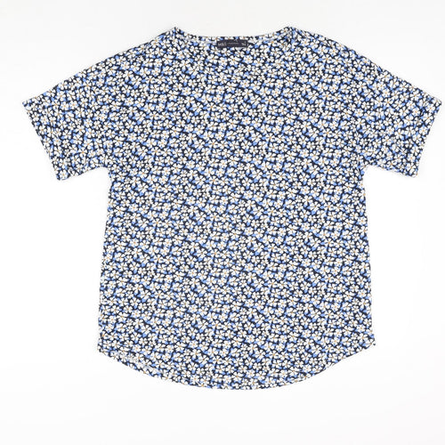 Marks and Spencer Womens Blue Floral Polyester Basic Blouse Size 12 Round Neck