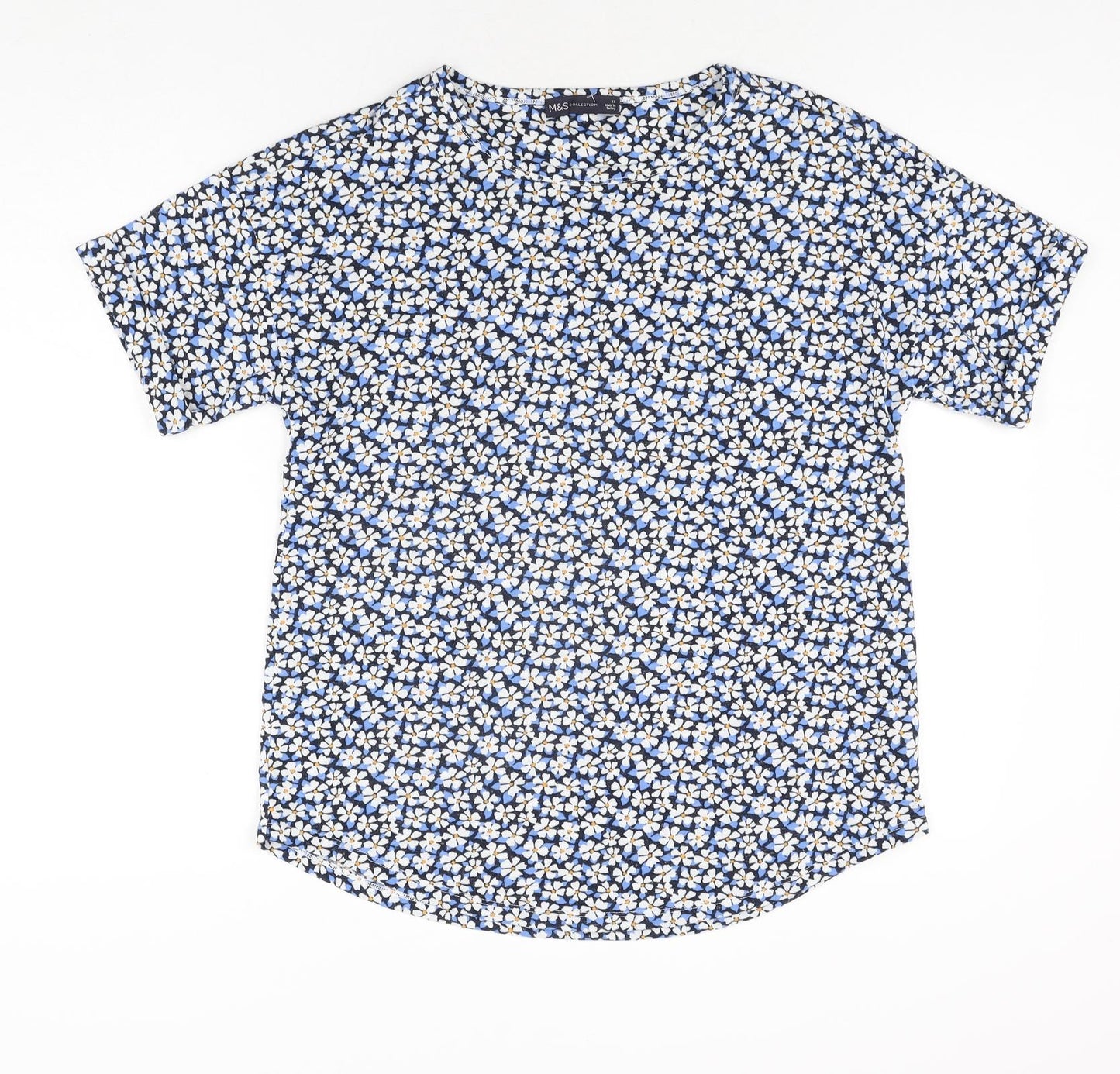 Marks and Spencer Womens Blue Floral Polyester Basic Blouse Size 12 Round Neck