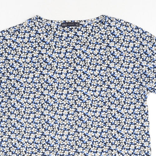 Marks and Spencer Womens Blue Floral Polyester Basic Blouse Size 12 Round Neck