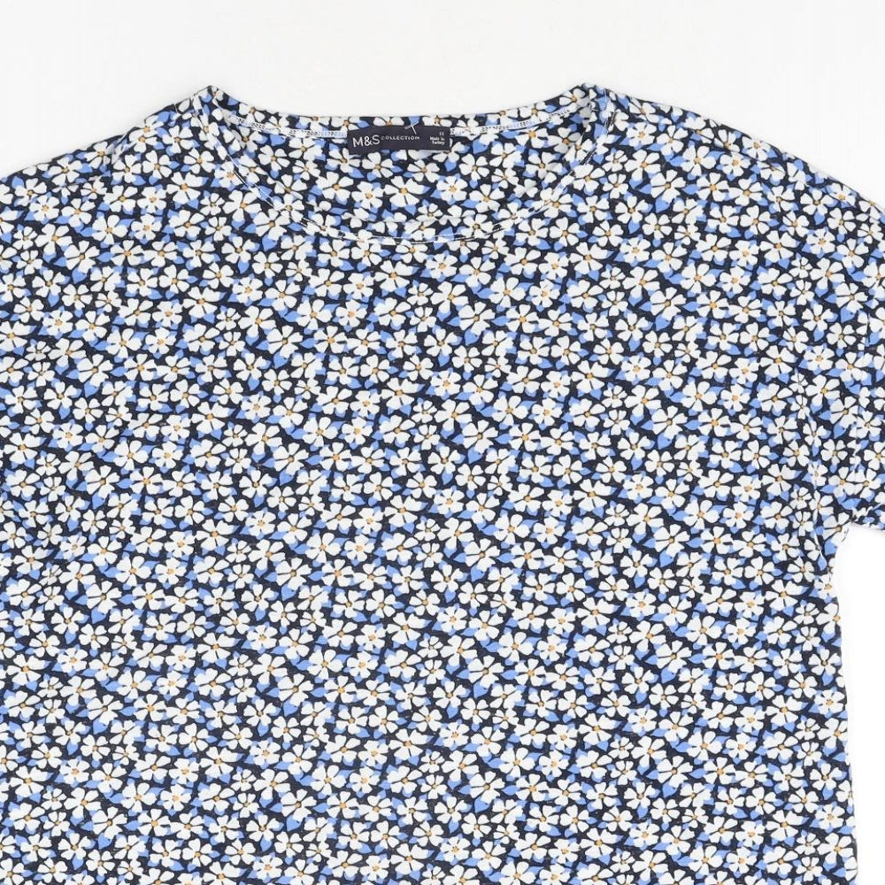 Marks and Spencer Womens Blue Floral Polyester Basic Blouse Size 12 Round Neck