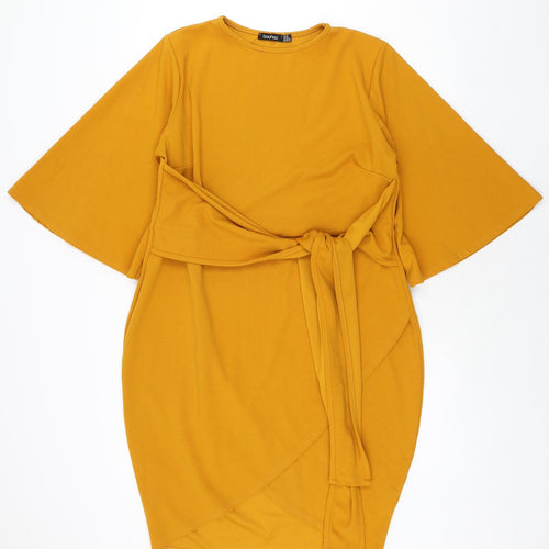 Boohoo Womens Yellow Polyester Pencil Dress Size 16 Round Neck Pullover - Wrap Style Belted