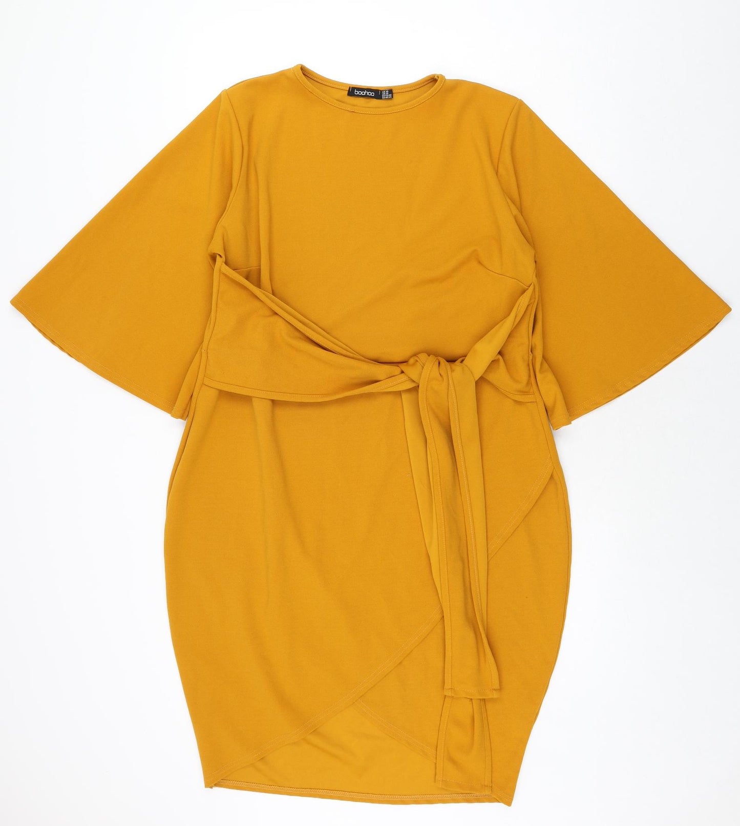 Boohoo Womens Yellow Polyester Pencil Dress Size 16 Round Neck Pullover - Wrap Style Belted