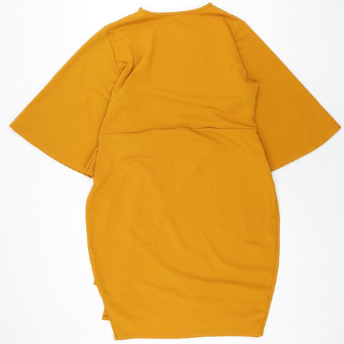 Boohoo Womens Yellow Polyester Pencil Dress Size 16 Round Neck Pullover - Wrap Style Belted
