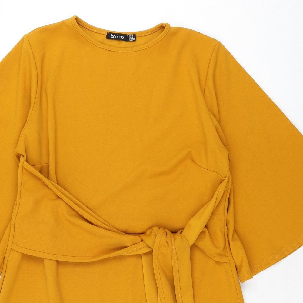 Boohoo Womens Yellow Polyester Pencil Dress Size 16 Round Neck Pullover - Wrap Style Belted