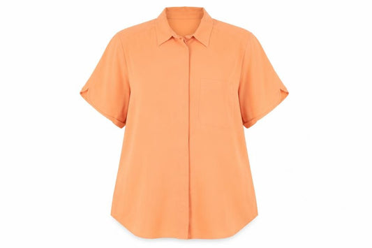 Front view of Classics women’s orange polyester basic button-up, size UK 14, collared
