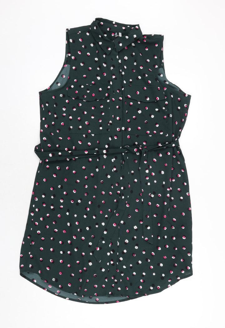 Monki Womens Green Geometric Polyester Shirt Dress Size M Collared Button - Belted