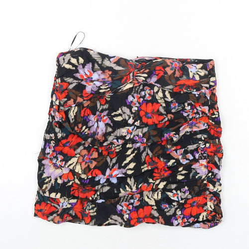 Zara Womens Multicoloured Floral Viscose Mini Skirt Size M Zip - Rouched Twist Detail