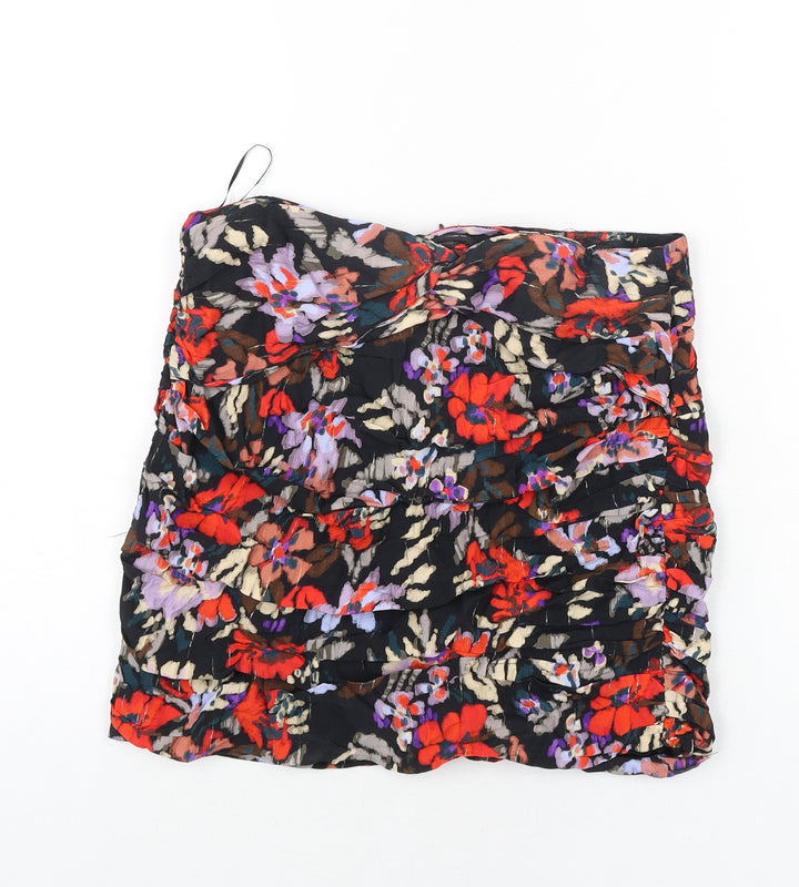 Zara Womens Multicoloured Floral Viscose Mini Skirt Size M Zip - Rouched Twist Detail