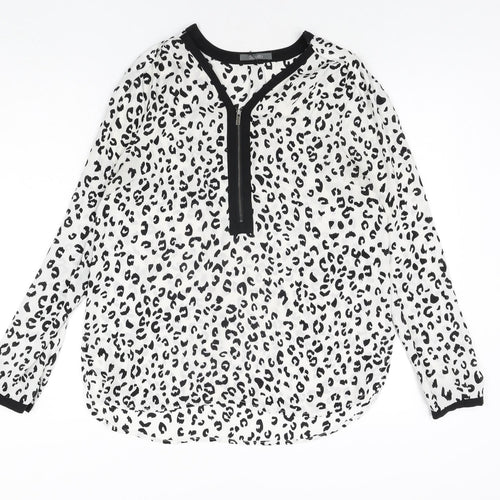 South Womens White Animal Print Polyester Basic Blouse Size 12 V-Neck - Leopard Print