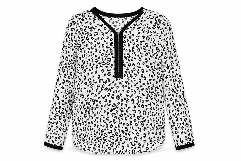 Front view of South women’s white animal print polyester basic blouse, size UK 12, v-neck - leopard print