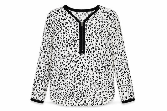 Front view of South women’s white animal print polyester basic blouse, size UK 12, v-neck - leopard print