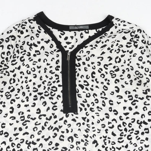 South Womens White Animal Print Polyester Basic Blouse Size 12 V-Neck - Leopard Print