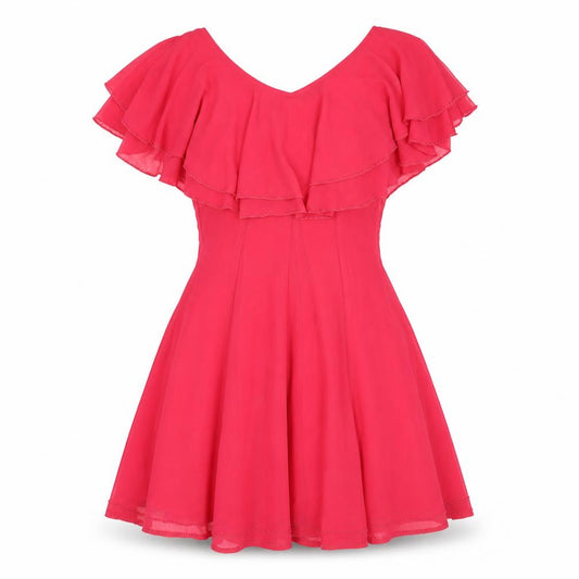 Front view of 18 and East women’s pink polyester a-line, size UK 10, boat neck zip - beading detail frill