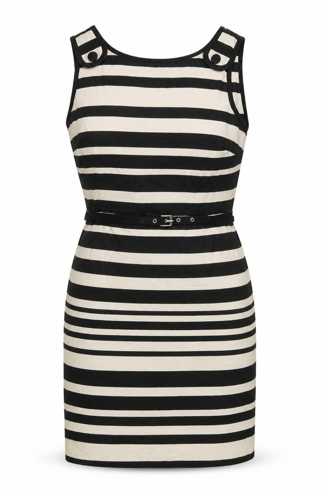 Front view of South women’s beige striped linen shift, size UK 12, round neck zip - belted
