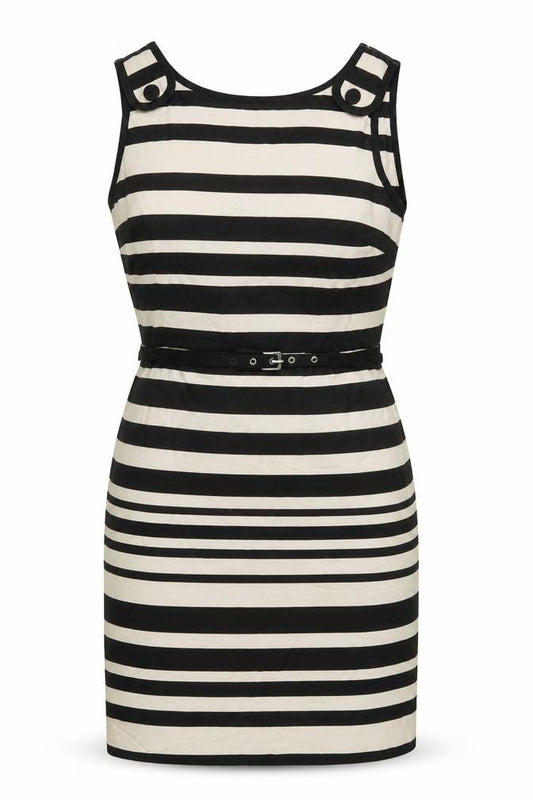 Front view of South women’s beige striped linen shift, size UK 12, round neck zip - belted
