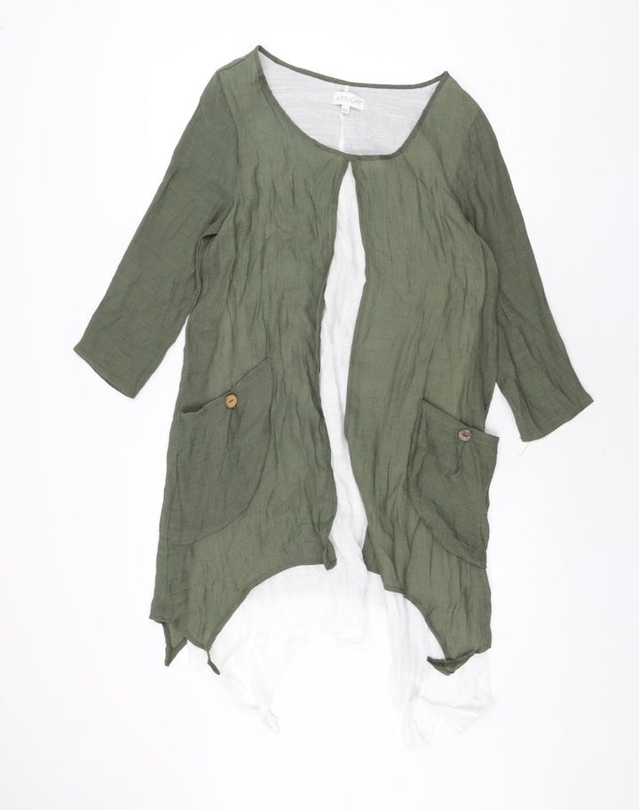 Apricot Womens Green Linen Shift Size 10 Round Neck Pullover - Layered