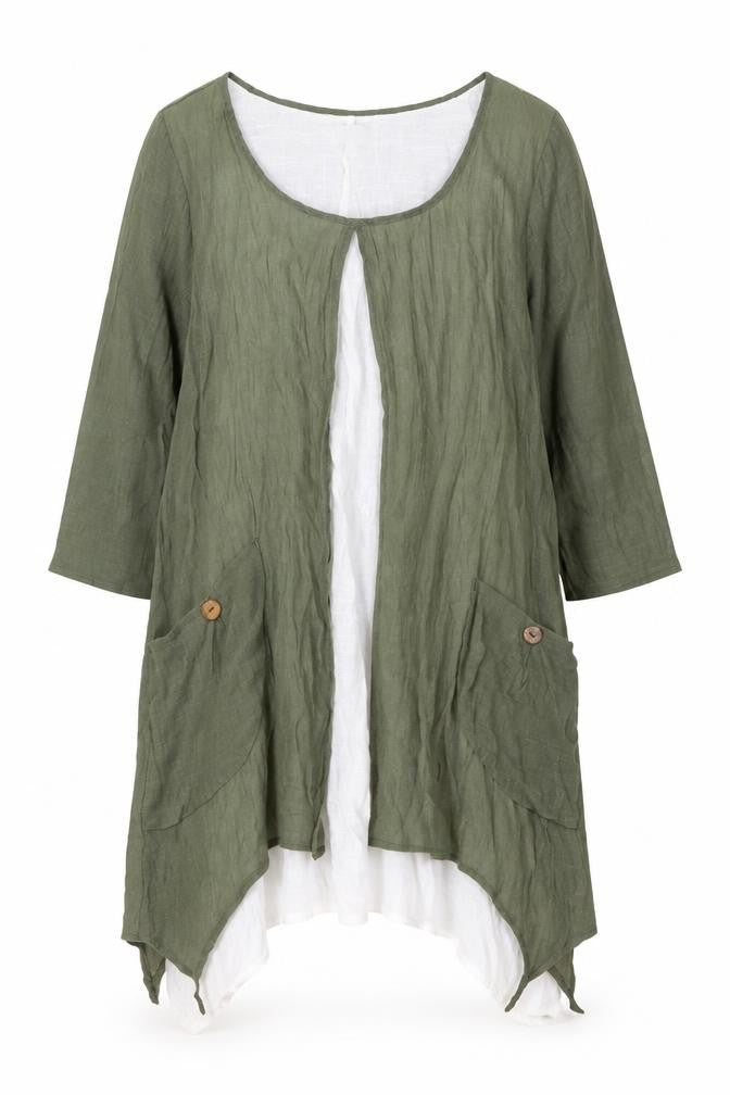 Front view of Apricot women’s green linen shift, size UK 10, round neck pullover - layered