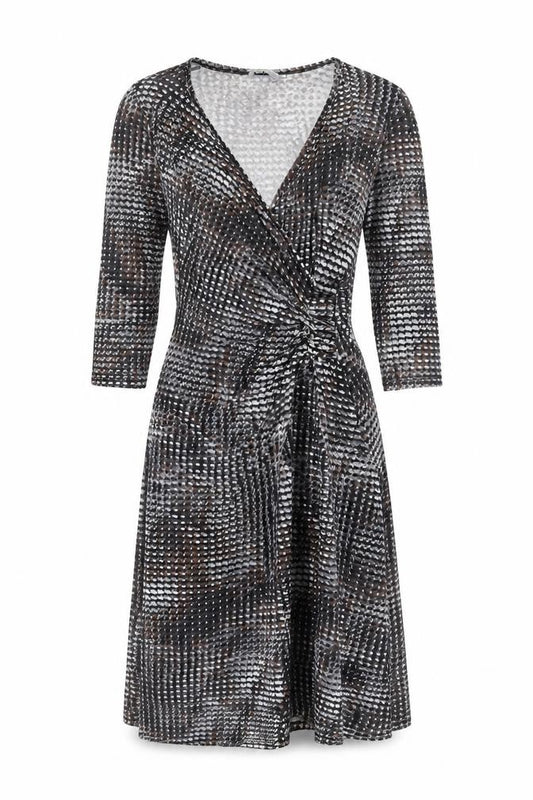 Front view of Marks & Spencer women’s multicoloured geometric viscose wrap dress, size UK 8, v-neck pullover
