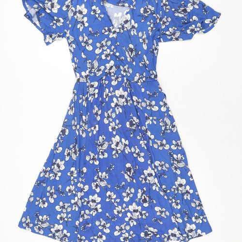 French Connection Womens Blue Floral Viscose Shift Size 6 V-Neck Button - Belted