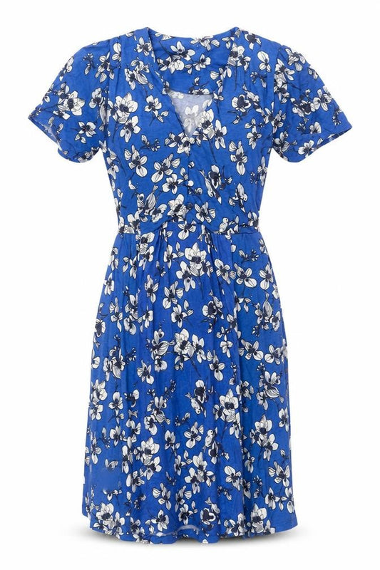 Front view of French Connection women’s blue floral viscose shift, size UK 6, v-neck button - belted