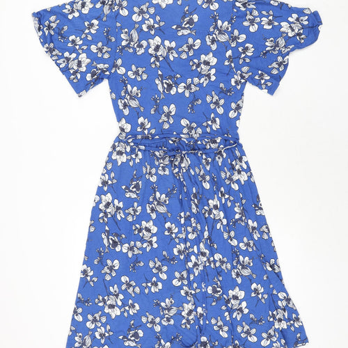 French Connection Womens Blue Floral Viscose Shift Size 6 V-Neck Button - Belted