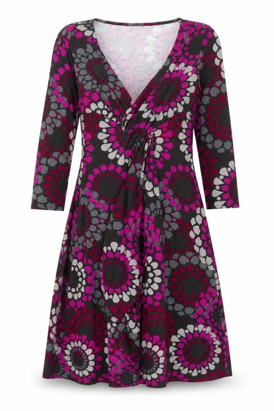 Front view of Phase Eight women’s multicoloured geometric viscose a-line, size UK 12, v-neck pullover - frill detail