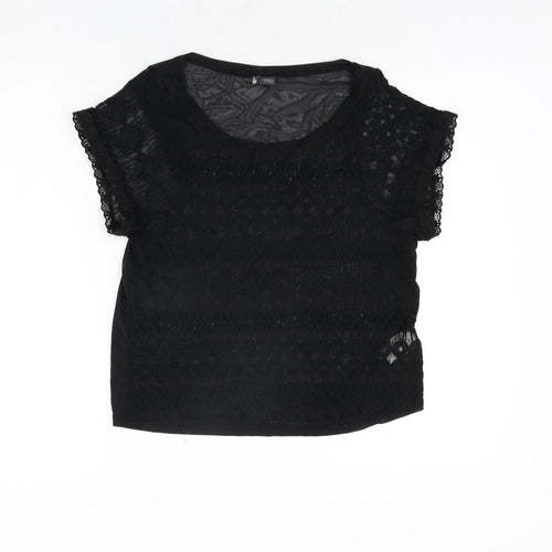 Sparkle & Fade Womens Black Cotton Basic Blouse Size S Round Neck - Lace Front Semi Sheer
