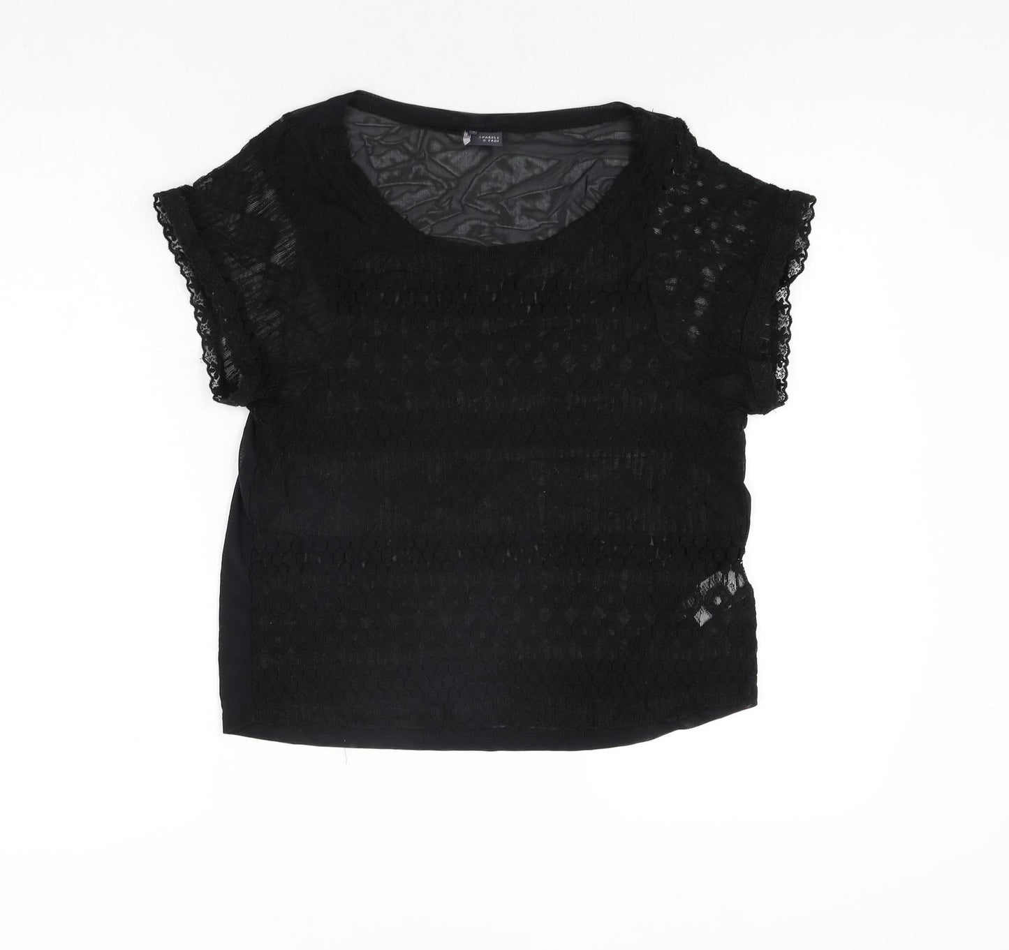 Sparkle & Fade Womens Black Cotton Basic Blouse Size S Round Neck - Lace Front Semi Sheer