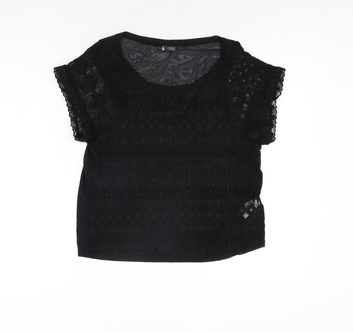 Sparkle & Fade Womens Black Cotton Basic Blouse Size S Round Neck - Lace Front Semi Sheer