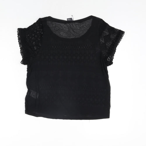 Sparkle & Fade Womens Black Cotton Basic Blouse Size S Round Neck - Lace Front Semi Sheer