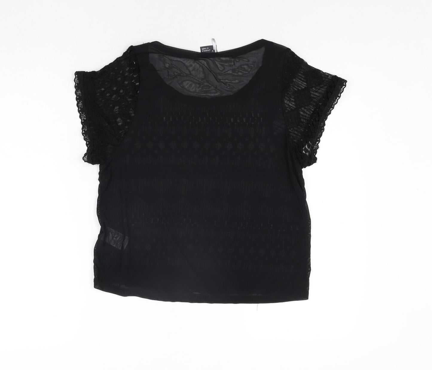 Sparkle & Fade Womens Black Cotton Basic Blouse Size S Round Neck - Lace Front Semi Sheer