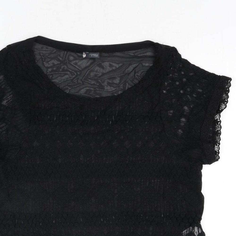 Sparkle & Fade Womens Black Cotton Basic Blouse Size S Round Neck - Lace Front Semi Sheer