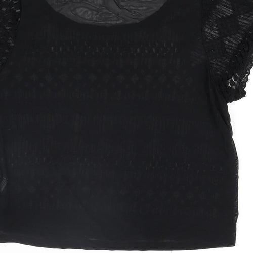 Sparkle & Fade Womens Black Cotton Basic Blouse Size S Round Neck - Lace Front Semi Sheer