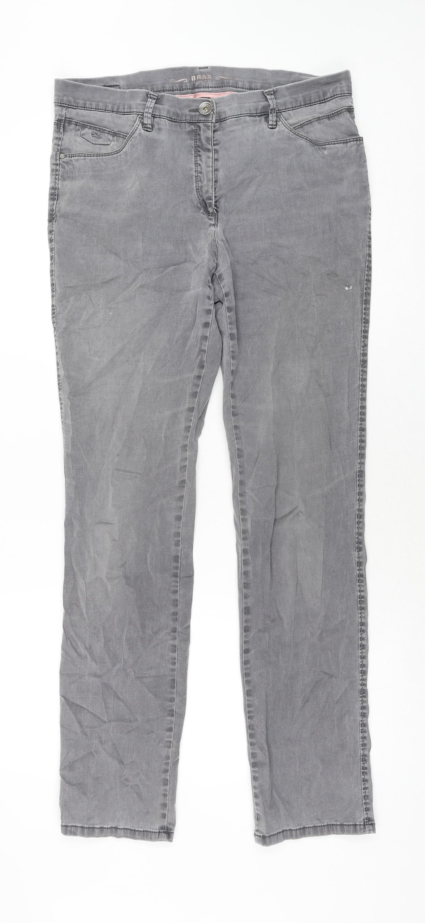 BRAX Womens Grey Cotton Straight Jeans Size 14 L30 in Regular Zip