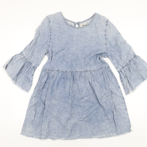 Denim & Co. Womens Blue Cotton A-Line Size 12 Round Neck Button - Raw Hems