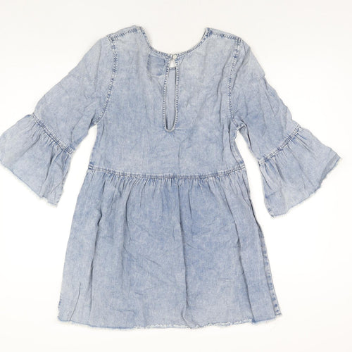 Denim & Co. Womens Blue Cotton A-Line Size 12 Round Neck Button - Raw Hems