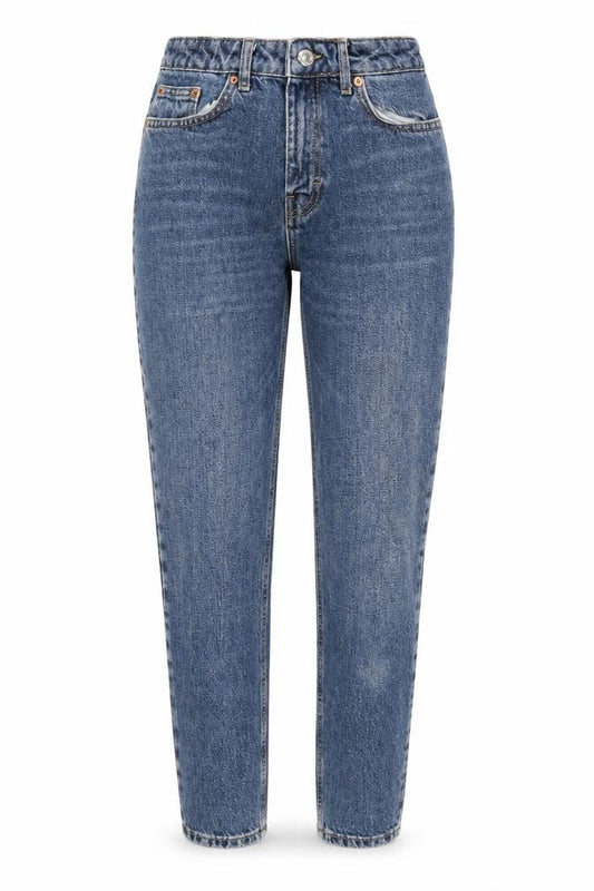 Front view of Topshop women’s blue cotton mom jeans, size UK 26, in, 26-inch leg regular zip