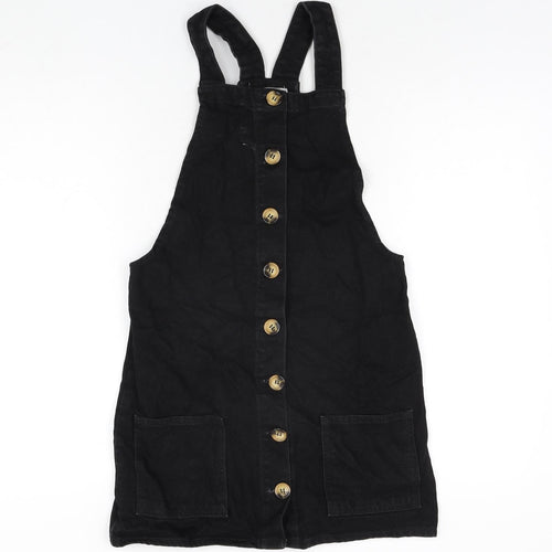 Denim & Co. Womens Black Cotton Pinafore/Dungaree Dress Size 6 Square Neck Button