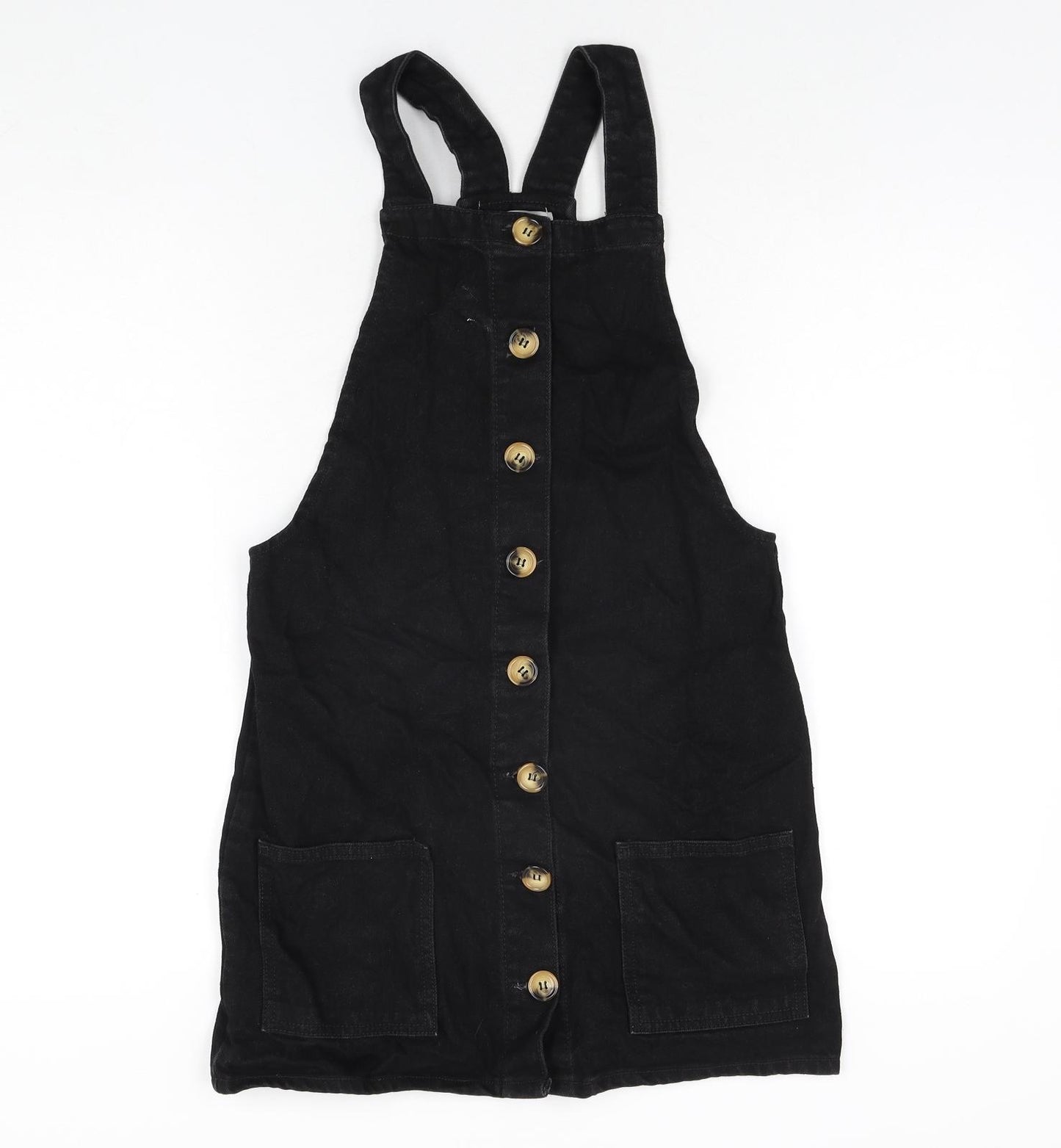 Denim & Co. Womens Black Cotton Pinafore/Dungaree Dress Size 6 Square Neck Button