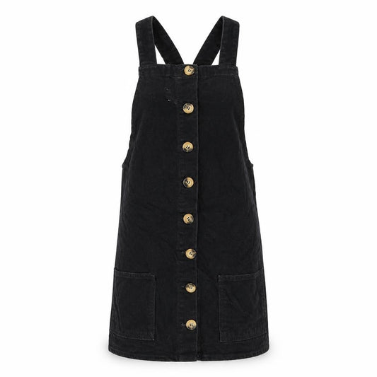 Front view of Denim & Co. women’s black cotton pinafore/dungaree dress, size UK 6, square neck button